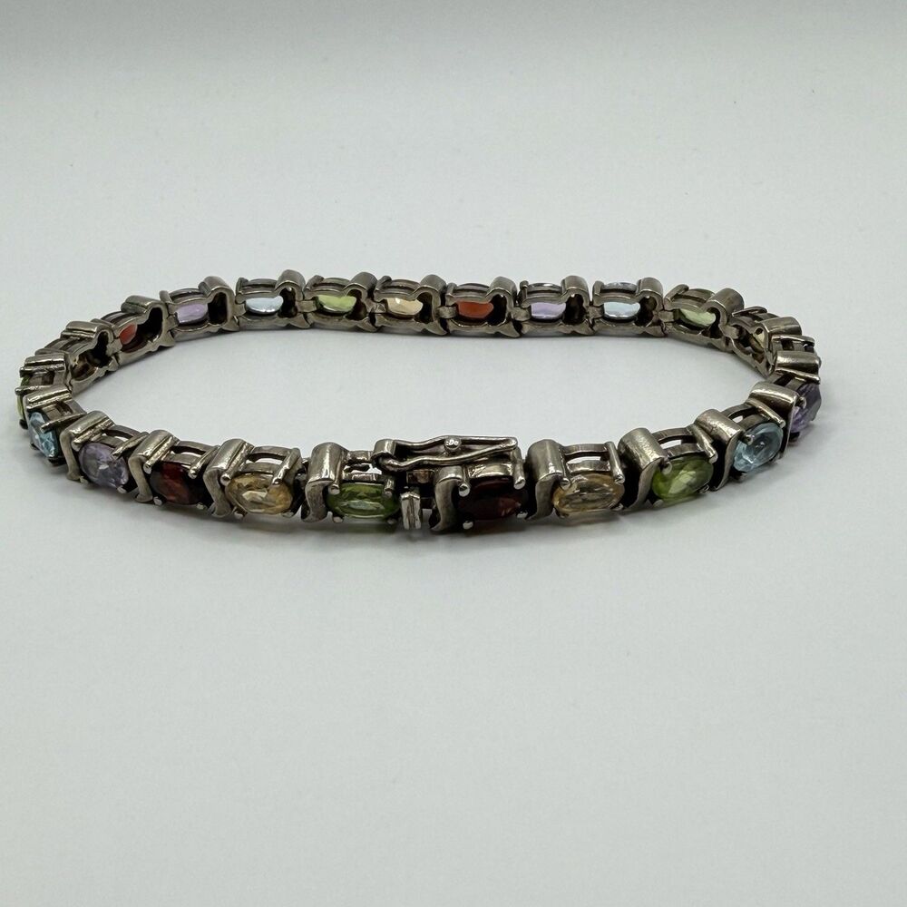 925 Sterling Silver Multi Color Gemstone Oval Tennis Bracelet 7.5" 17.8g
